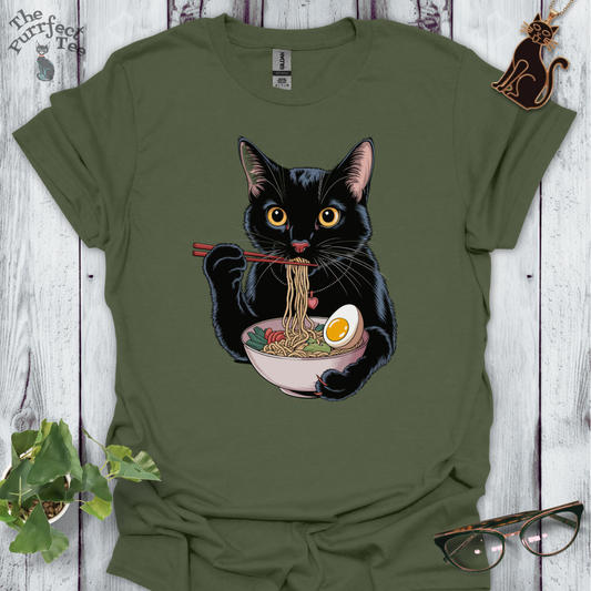 Ramen eating, black cat t-shirt
