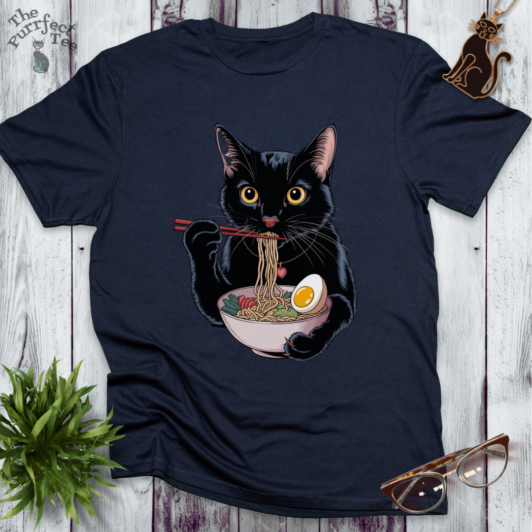 Ramen eating, black cat t-shirt