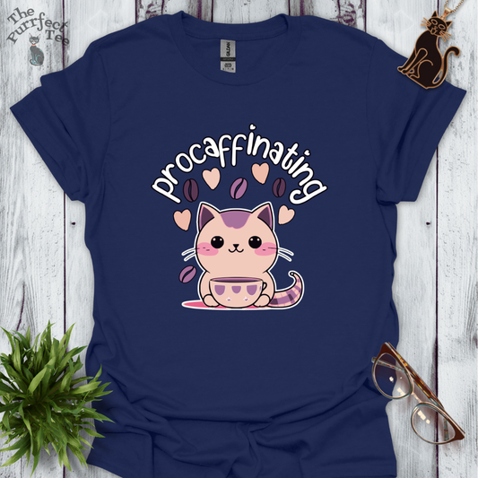 Procaffinating pink cat t-shirt