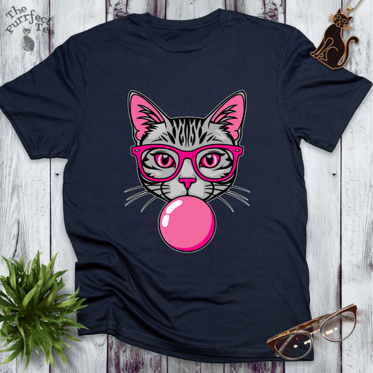 Grey cat with pink glasses and bubble gum