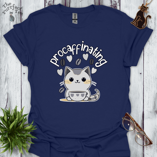 Procaffinating grey cat t-shirt