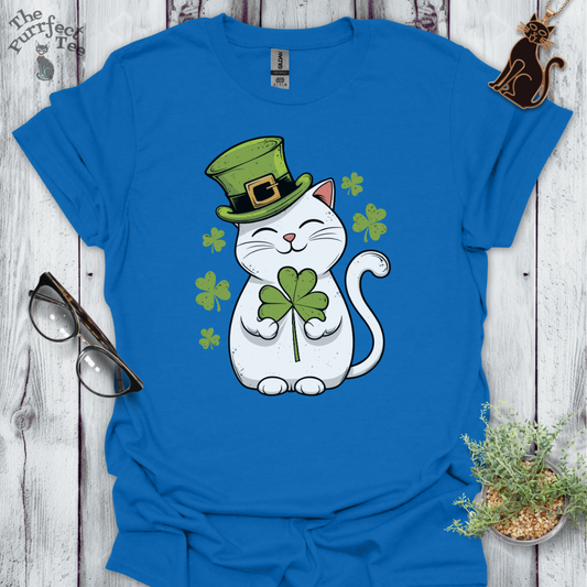 St Patrick's Day white cat t-shirt