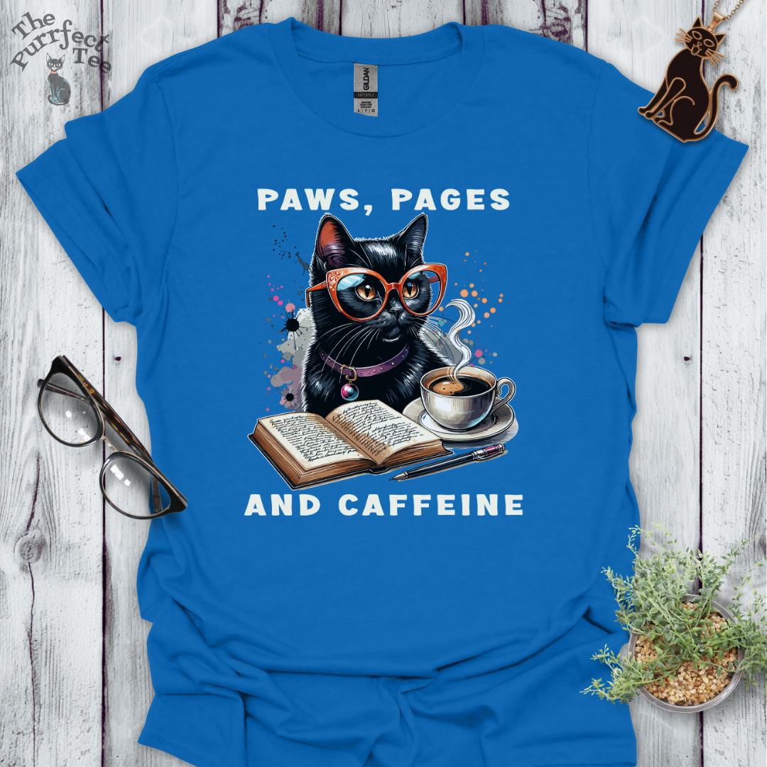 Paws, pages and caffeine t-shirt