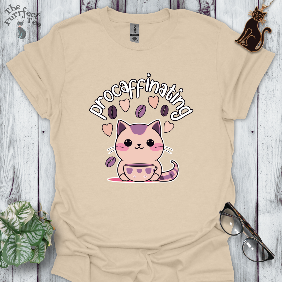 Procaffinating pink cat t-shirt