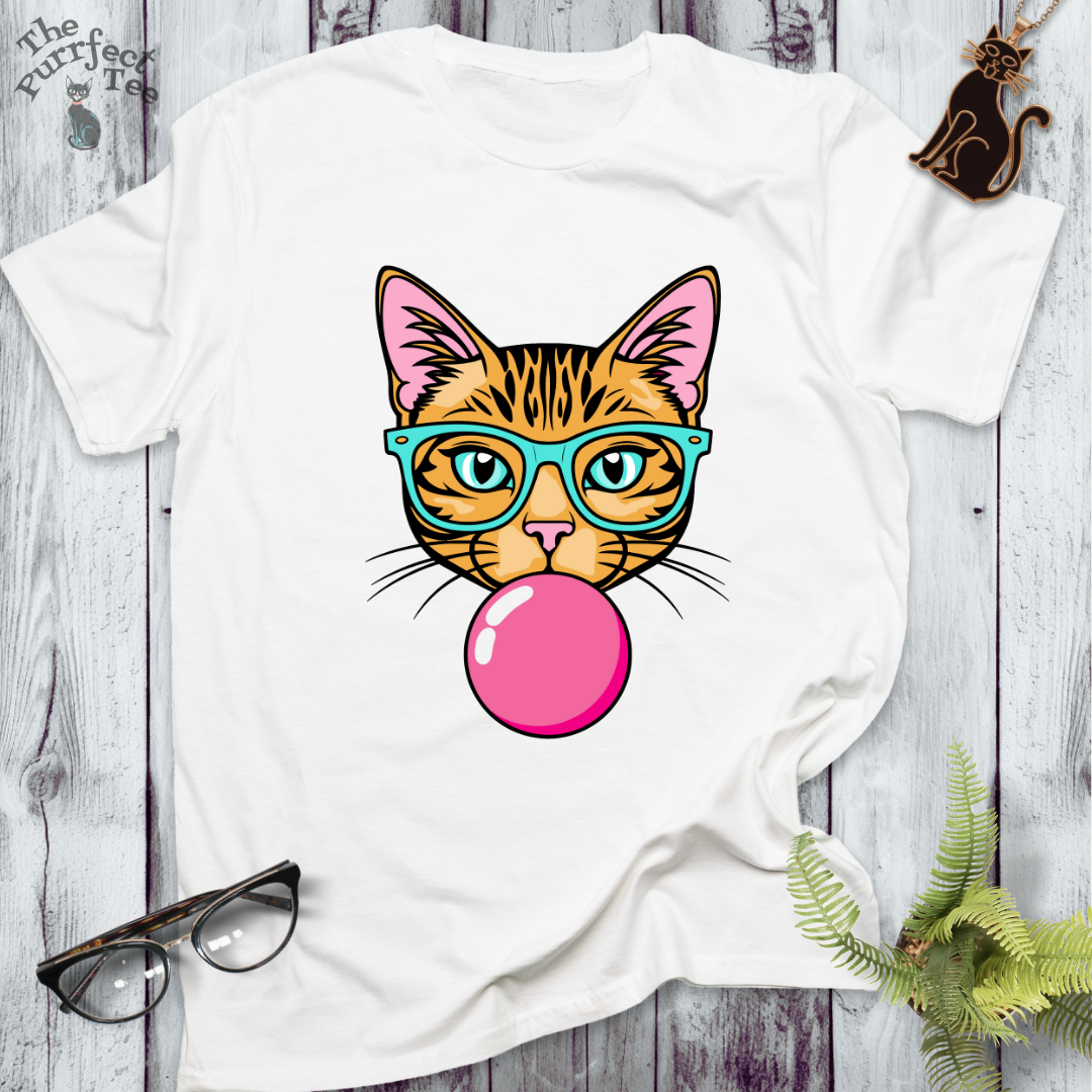 Ginger cat with turquoise glasses and bubble gum