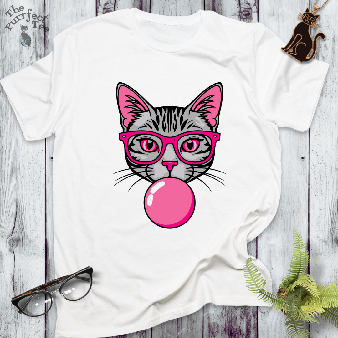 Grey cat with pink glasses and bubble gum
